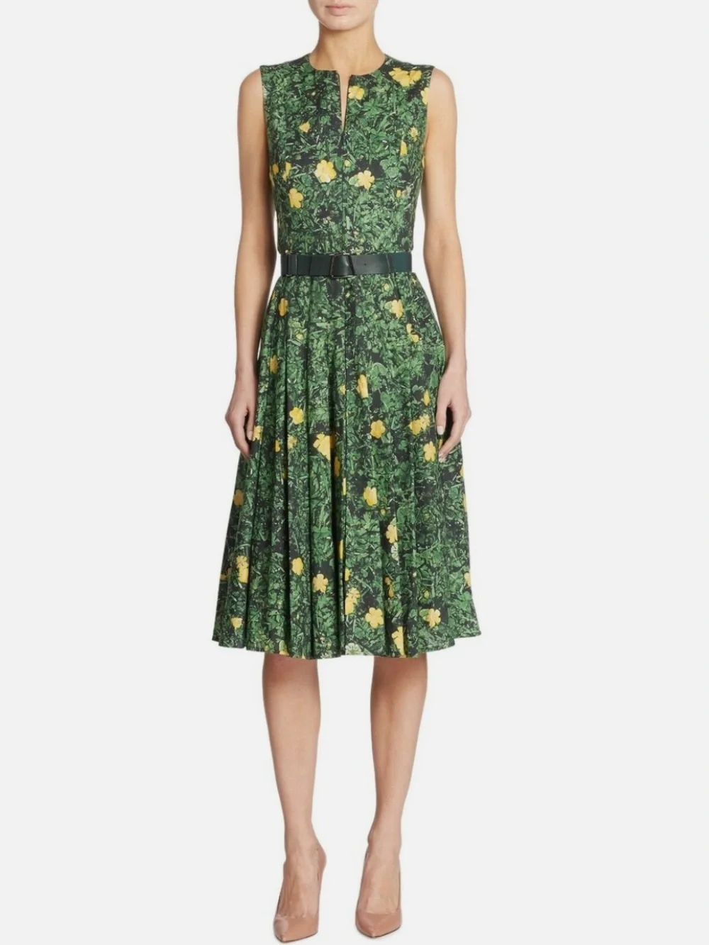 AKRIS Buttercup Floral Print A-line Dress Size 8 Green Yellow Cotton Voile Chic - Picture 3 of 11